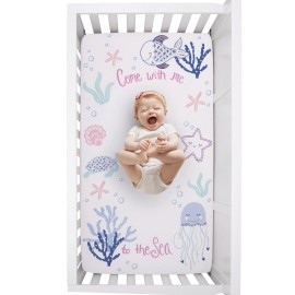 NoJo Mermaid Lagoon Pink, Blue, and White Come with me to The Sea 100% Cotton Photo Op Fitted Crib Sheet