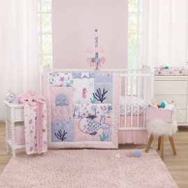 NoJo Mermaid Lagoon Pink, Blue, and White Come with me to The Sea 100% Cotton Photo Op Fitted Crib Sheet
