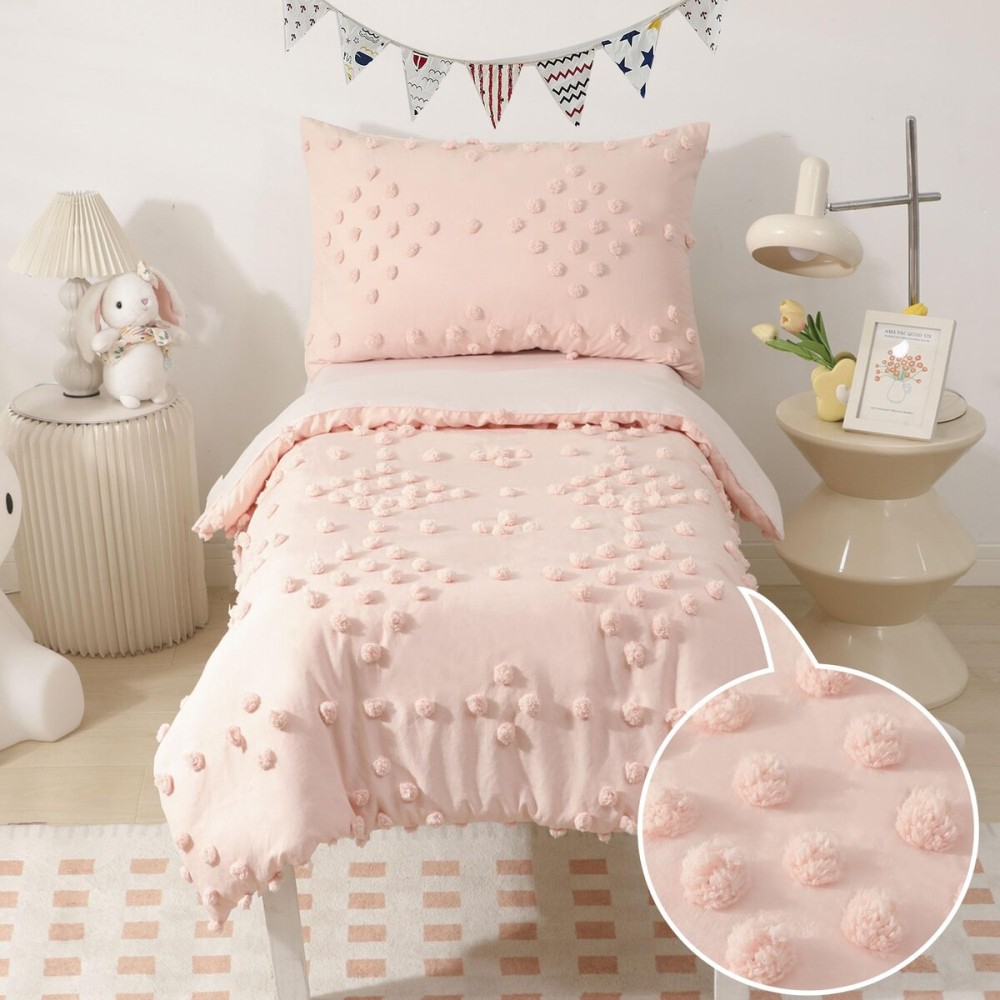 Toddler Bedding Set for Girls 4-Piece Pink Jacquard Pom Pom Tufts Bohemian Boho Tufted Dots Crib Toddler Comforter Set for Baby Kids Bed-in-a-Bag with Comforter, Flat Sheet, Fitted Sheet, Pillowcase