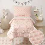 Toddler Bedding Set for Girls 4-Piece Pink Jacquard Pom Pom Tufts Bohemian Boho Tufted Dots Crib Toddler Comforter Set for Baby Kids Bed-in-a-Bag with Comforter, Flat Sheet, Fitted Sheet, Pillowcase