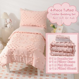 Toddler Bedding Set for Girls 4-Piece Pink Jacquard Pom Pom Tufts Bohemian Boho Tufted Dots Crib Toddler Comforter Set for Baby Kids Bed-in-a-Bag with Comforter, Flat Sheet, Fitted Sheet, Pillowcase