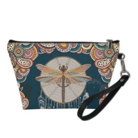 Howilath Boho Dragonfly Flowers Print Women Makeup Bags Zipper Cosmetic Pouch Organizer Travel Toiletry Purse for Women Girls