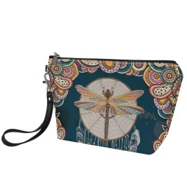 Howilath Boho Dragonfly Flowers Print Women Makeup Bags Zipper Cosmetic Pouch Organizer Travel Toiletry Purse for Women Girls