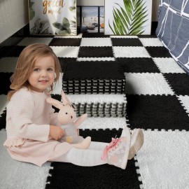 Jaderlu 16pcs 0.6 Thickened Interlocking Tile Mats,Fluffy Shaggy Soft EVA Foam Area Rug for Living Room & Bedroom,Non-Slip Protective Floor Carpet Play Mat Kids Baby Dorm Home Decor (11.8ft, Black)