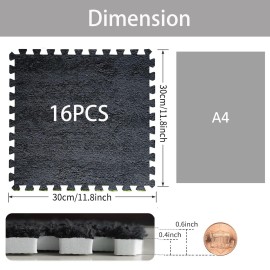 Jaderlu 16pcs 0.6 Thickened Interlocking Tile Mats,Fluffy Shaggy Soft EVA Foam Area Rug for Living Room & Bedroom,Non-Slip Protective Floor Carpet Play Mat Kids Baby Dorm Home Decor (11.8ft, Black)
