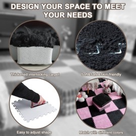 Jaderlu 16pcs 0.6 Thickened Interlocking Tile Mats,Fluffy Shaggy Soft EVA Foam Area Rug for Living Room & Bedroom,Non-Slip Protective Floor Carpet Play Mat Kids Baby Dorm Home Decor (11.8ft, Black)