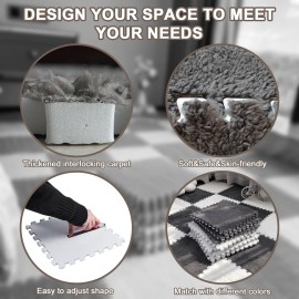 Jaderlu 16pcs 0.6 Thickened Interlocking Tile Mats,Fluffy Shaggy Soft EVA Foam Area Rug for Living Room & Bedroom,Non-Slip Protective Floor Carpet Play Mat Kids Baby Dorm Home Decor (11.8ft, Grey)