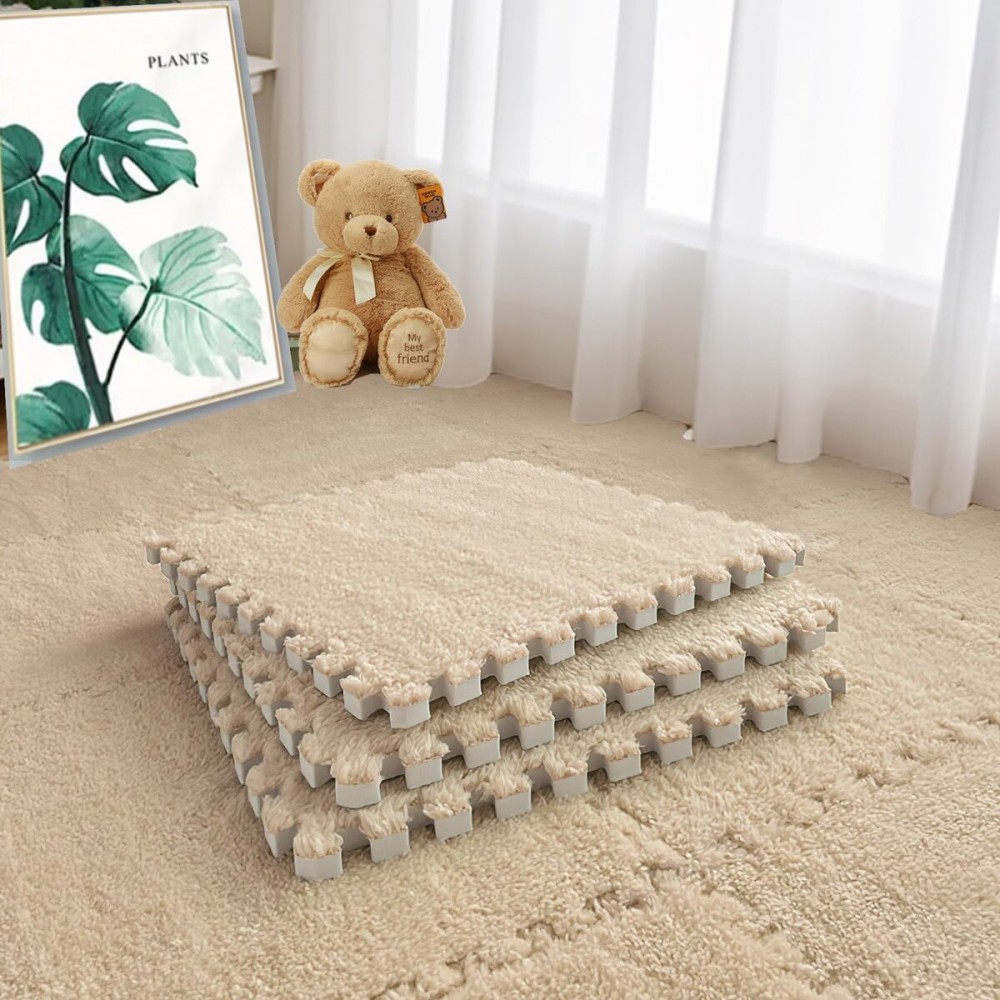 Jaderlu 16pcs 0.6 Thickened Interlocking Tile Mats,Fluffy Shaggy Soft EVA Foam Area Rug for Living Room & Bedroom,Non-Slip Protective Floor Carpet Play Mat Kids Baby Dorm Home Decor (11.8ft, Khaki)