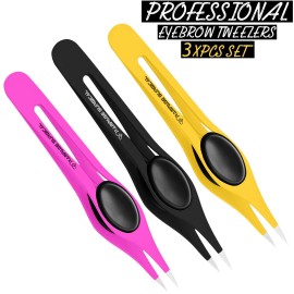 Professional Eyebrow Tweezers Pointed Tip Stainless Steel 2,3xPcs Set, Non-Slip Grip Point Tip Tweezers for Facial Hair, Plucking Removing Ingrown Hairs, Tweezer for Women Men