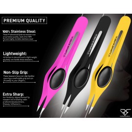 Professional Eyebrow Tweezers Pointed Tip Stainless Steel 2,3xPcs Set, Non-Slip Grip Point Tip Tweezers for Facial Hair, Plucking Removing Ingrown Hairs, Tweezer for Women Men