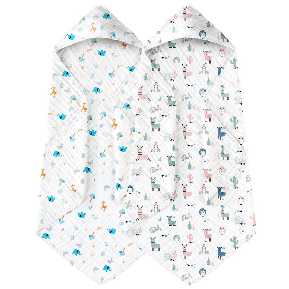 Yoofoss Hooded Baby Towels for Newborn 2 Pack 100% Muslin Organic Cotton Baby Bath Towel with Hood for Babies, Infant, Toddler and Kids, Large 32x32Inch, Soft and Absorbent Newborn Essential