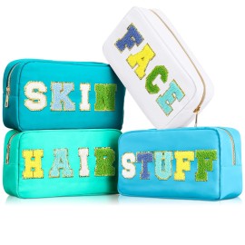 Cunno 4 Pcs Preppy Makeup Bags Chenille Letter Stuff Bag Nylon Cosmetic Pouch Cases with Zipper for Women Travel Toiletry(Bright Colors,Vivid)