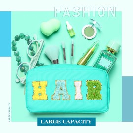 Cunno 4 Pcs Preppy Makeup Bags Chenille Letter Stuff Bag Nylon Cosmetic Pouch Cases with Zipper for Women Travel Toiletry(Bright Colors,Vivid)