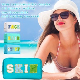 Cunno 4 Pcs Preppy Makeup Bags Chenille Letter Stuff Bag Nylon Cosmetic Pouch Cases with Zipper for Women Travel Toiletry(Bright Colors,Vivid)