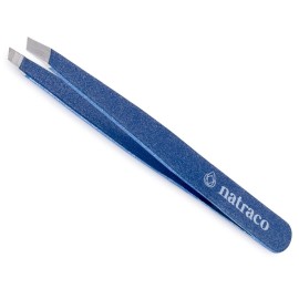 Natraco Slant Tweezers - Sharp Precision Stainless Steel - Professional Tweezers for Eyebrows & Facial Hair Removal (Blue Textured)