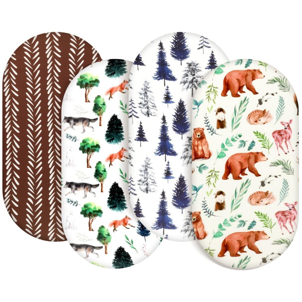 4 Pack Bassinet Sheets Woodland Forest Animals Wood Neutral Unisex Fitted Baby Bassinet Sheets Set for Standard Bassinets for Baby Boys or Girls