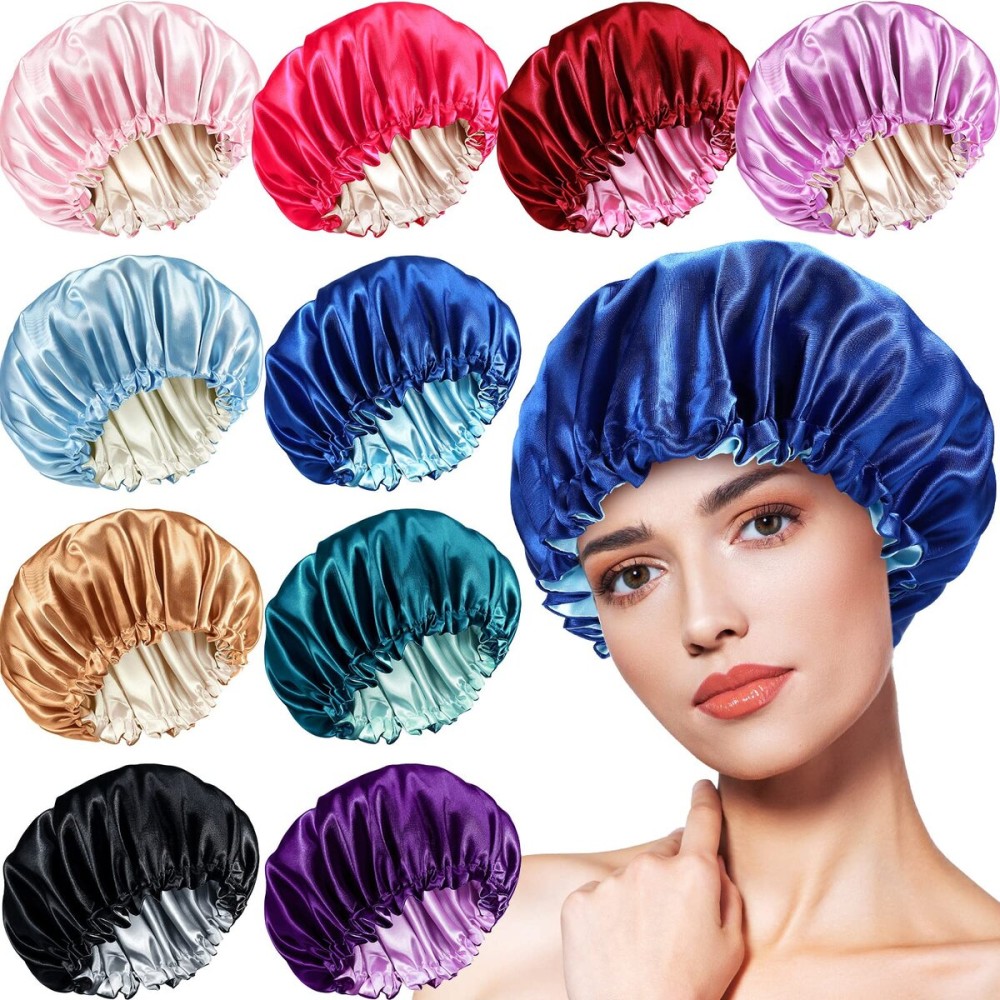 10 Pcs Satin Silk Bonnet for Sleeping Hair Bonnets for Women Curly Natural Hair Double Layer Reversible Adjustable Large Sleeping Caps with Drawstring for Protection, 10 Colors
