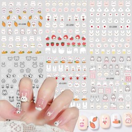 Easter Nail Art Stickers 3D Self-Adhesive Nail Decals Easter Rabbit Carrot Flower Design Nail Supplies Cute Easter Cartoon Nail Sticker for Women Girls Holidays Acrylic Nail DIY Decorations 6Sheets
