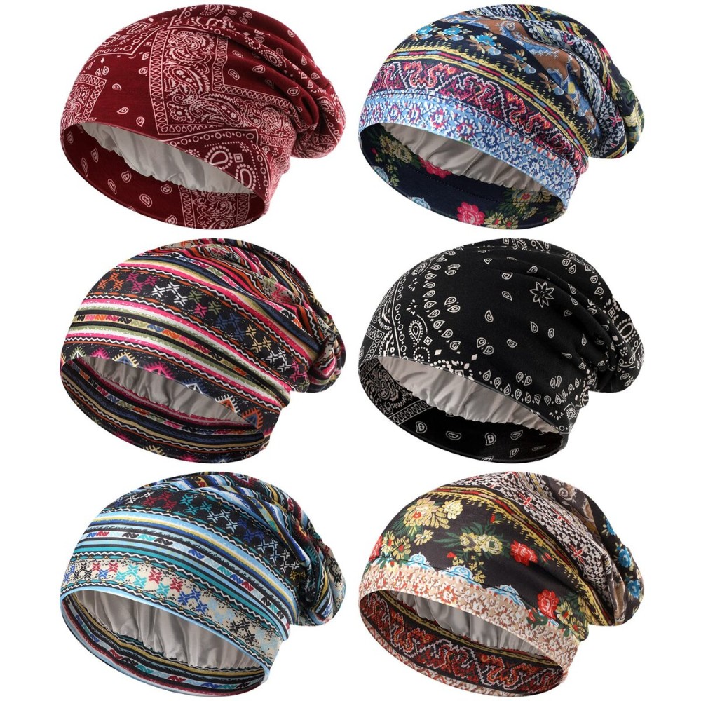 Sintege 6 Pcs Satin Lined Bonnet Sleep Cap for Women Men African Silk Soft Beanie Hair Sleep Wrap for Natural Curly Braids(Stylish Patterns)