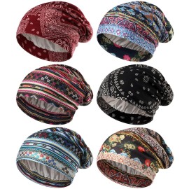 Sintege 6 Pcs Satin Lined Bonnet Sleep Cap for Women Men African Silk Soft Beanie Hair Sleep Wrap for Natural Curly Braids(Stylish Patterns)