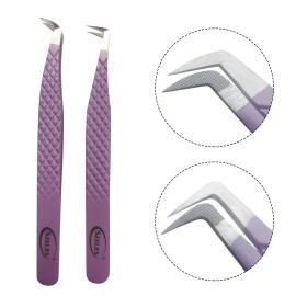 SZELES Fiber Tip Tweezers Diamond Grip Eyelash Extensions Tweezer Anti-Slip solation Volume Lash Tweezers For Lash Tweezers (FTT2-PURPLE)