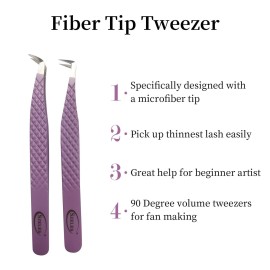 SZELES Fiber Tip Tweezers Diamond Grip Eyelash Extensions Tweezer Anti-Slip solation Volume Lash Tweezers For Lash Tweezers (FTT2-PURPLE)