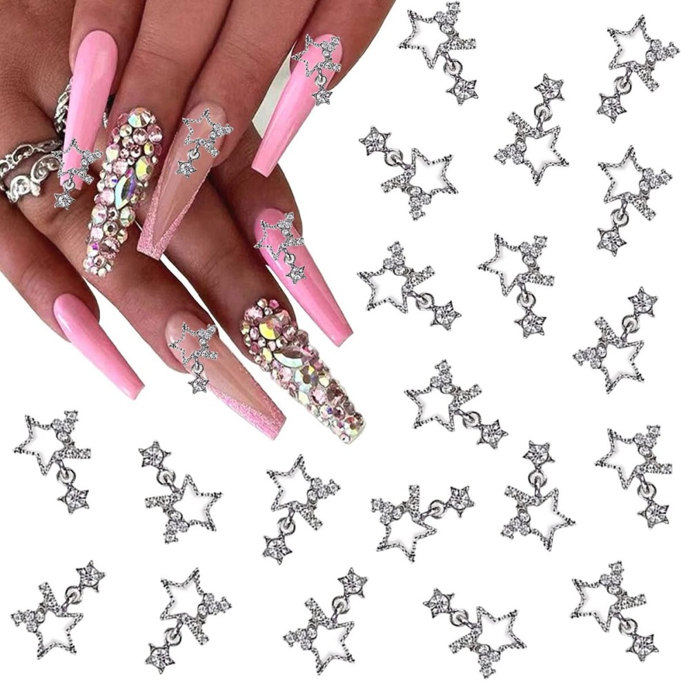 KACHIMOO Star Nail Charms, 20pc 3D Rhinestone Stars for Nail Designs DIY Accessories