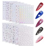 WOKOTO 12 Sheets Holographic Nail Stickers for Nails Designs Nail Decals Butterfly Nail Stickers for Women Heart Star Rose Flower Snake Aurora Iridescent Nails Stickers for Nails Fingernail Stickers