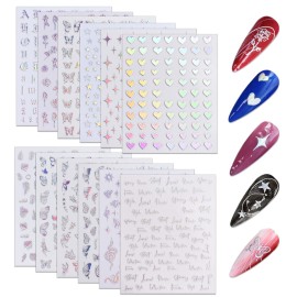 WOKOTO 12 Sheets Holographic Nail Stickers for Nails Designs Nail Decals Butterfly Nail Stickers for Women Heart Star Rose Flower Snake Aurora Iridescent Nails Stickers for Nails Fingernail Stickers