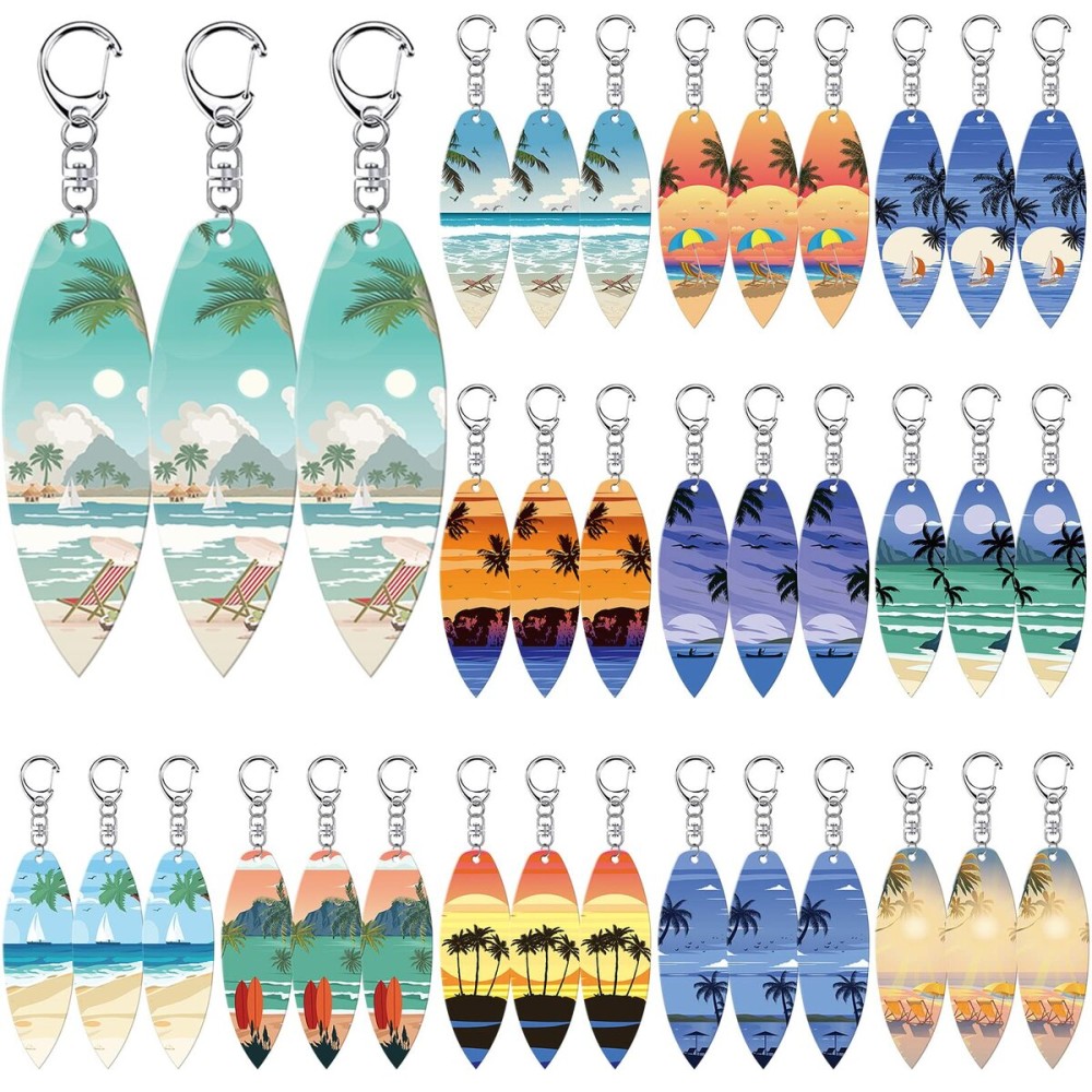 Bucherry 36 Pcs Beach Summer Party Favors Keychain Gifts Bulk Wooden Surfboard Sea Turtle Coconut Tree Christian Religious Key Ring for Hawaiian Luau Florida Bahamas Souvenirs Supplies