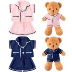 Hungdao 2 Sets Bear Clothes Stuffed Animal Accessories Pink and Blue Bear Pajamas Clothes Double Layer Muslin Short Sleeve Top and Bottom Pajamas Fits Most 14-18 Inch