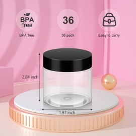 Loretoy 36 Pack 2 OZ Plastic Jars with Lids, BPA Free, Reusable, Refillable Transparent Cosmetic Containers for Bath Salts, Cosmetics, Powders, Beauty Product and Small Accessories