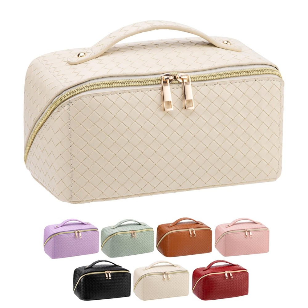 VERNASSA Large Capacity Travel Makeup Bag for Women, Waterproof Portable Cosmetic Bag with Compartments, Foldable Flat Lay Design for Easy Access, Perfect for Toiletries & Beauty Essentials (White)