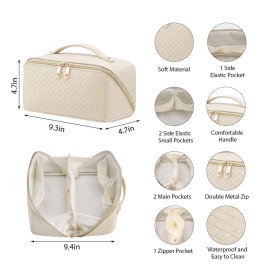 VERNASSA Large Capacity Travel Makeup Bag for Women, Waterproof Portable Cosmetic Bag with Compartments, Foldable Flat Lay Design for Easy Access, Perfect for Toiletries & Beauty Essentials (White)
