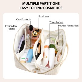 VERNASSA Large Capacity Travel Makeup Bag for Women, Waterproof Portable Cosmetic Bag with Compartments, Foldable Flat Lay Design for Easy Access, Perfect for Toiletries & Beauty Essentials (White)