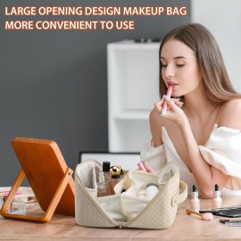 VERNASSA Large Capacity Travel Makeup Bag for Women, Waterproof Portable Cosmetic Bag with Compartments, Foldable Flat Lay Design for Easy Access, Perfect for Toiletries & Beauty Essentials (White)