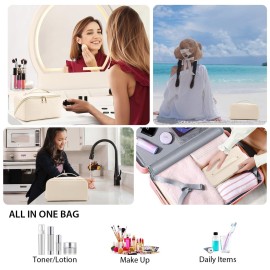 VERNASSA Large Capacity Travel Makeup Bag for Women, Waterproof Portable Cosmetic Bag with Compartments, Foldable Flat Lay Design for Easy Access, Perfect for Toiletries & Beauty Essentials (White)