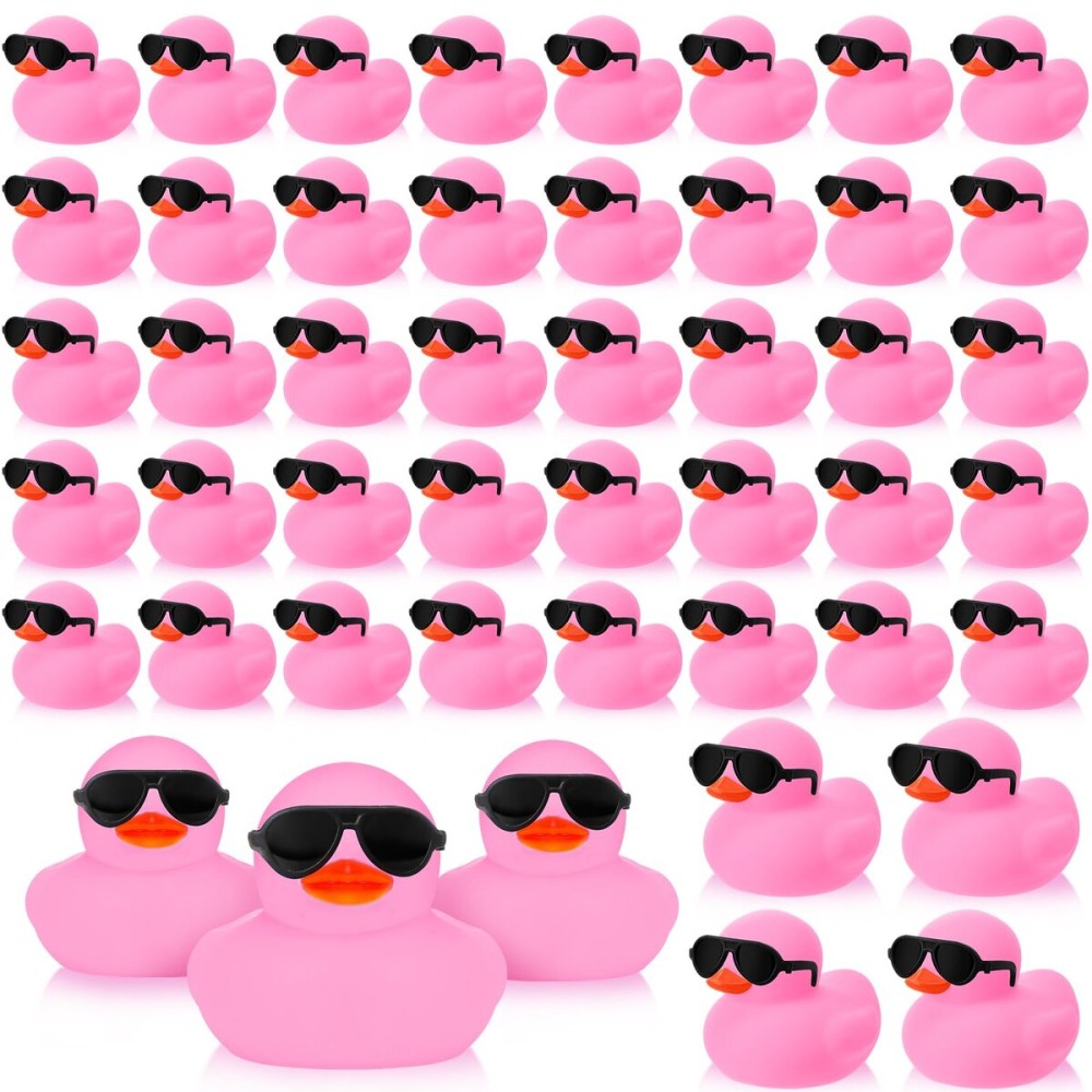 Sosation 48 Pack Mini Rubber Ducks with Sunglasses Sets Squeaky Bath Toys Float Bathtub Duckies for Little One Birthday Party Favors Class Carnival Prizes Car Decor(Pink)