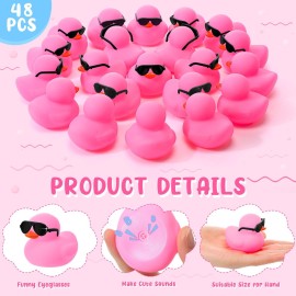 Sosation 48 Pack Mini Rubber Ducks with Sunglasses Sets Squeaky Bath Toys Float Bathtub Duckies for Little One Birthday Party Favors Class Carnival Prizes Car Decor(Pink)