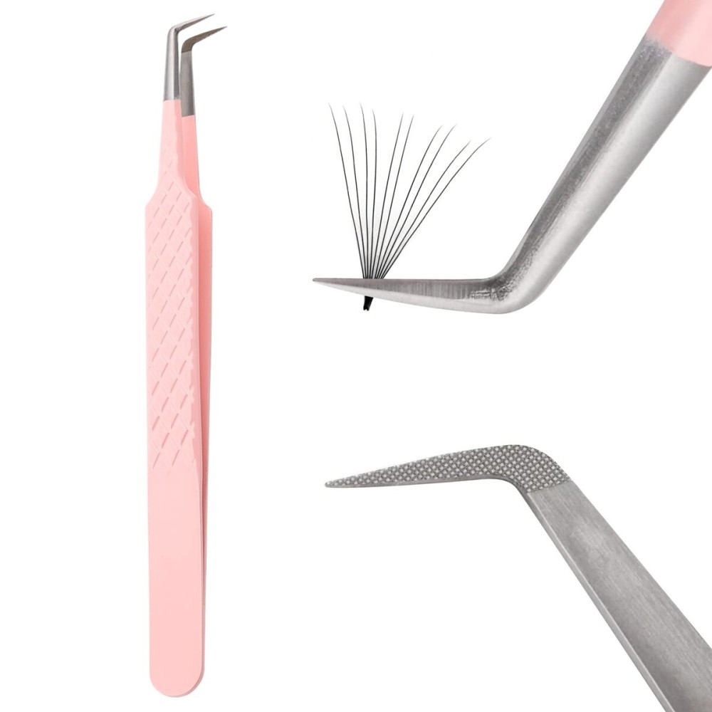 Lash Tweezers For Eyelash Extensions Fiber Tip lashTweezers Professional Fan Making Lashes Extension-Tweezers Volume Lash-tweezers Stainless Steel(Pink 90 Degree-tweezers,1Pc)