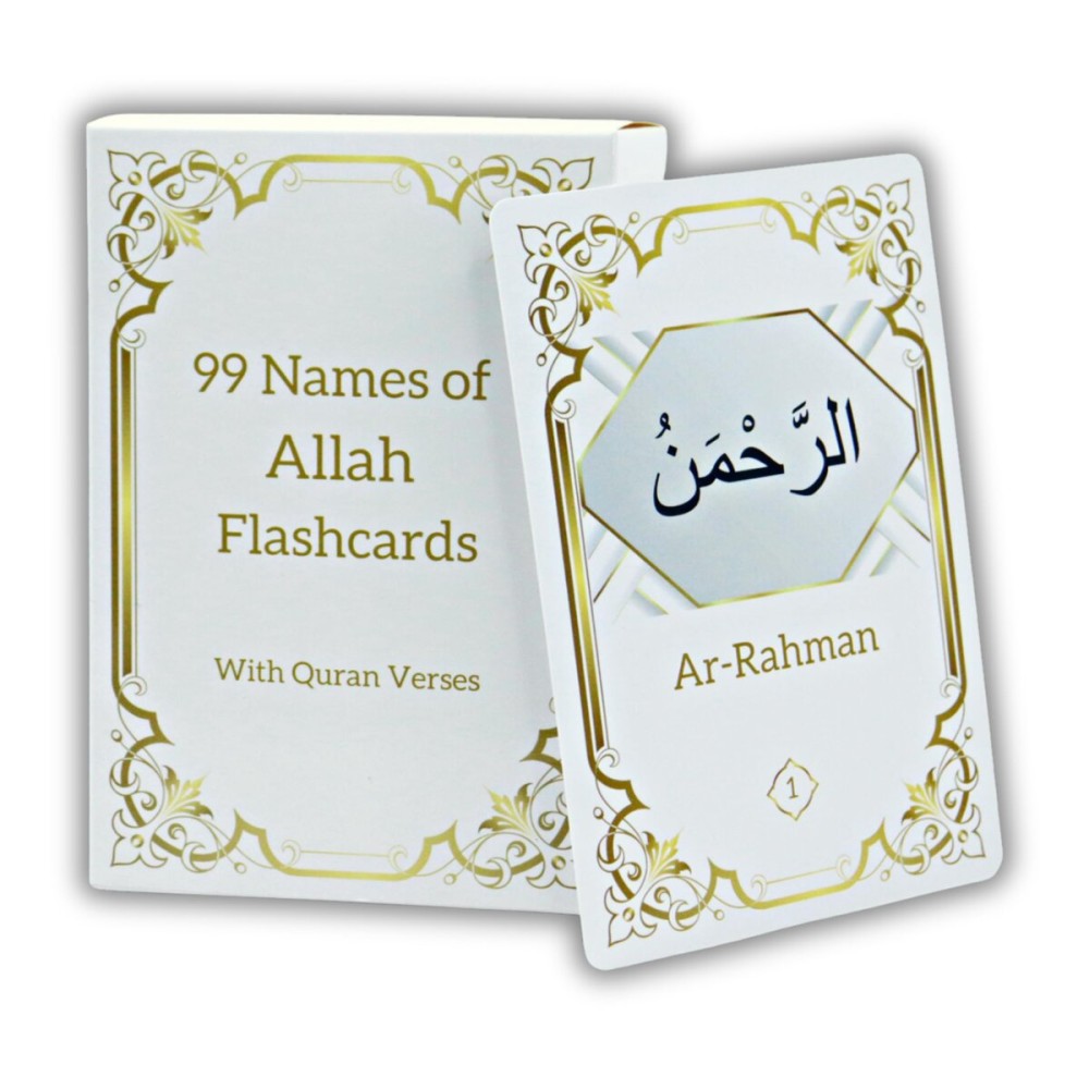99 Names of Allah Flashcards with Quran Verses, Asma Ul Husna in Arabic and English, Islamic Book Learning and Memory Card Game, Eid & Ramadan Decorations, Muslim Prayer, Deen Supplies, White & Gold