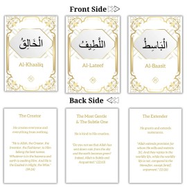 99 Names of Allah Flashcards with Quran Verses, Asma Ul Husna in Arabic and English, Islamic Book Learning and Memory Card Game, Eid & Ramadan Decorations, Muslim Prayer, Deen Supplies, White & Gold
