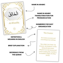 99 Names of Allah Flashcards with Quran Verses, Asma Ul Husna in Arabic and English, Islamic Book Learning and Memory Card Game, Eid & Ramadan Decorations, Muslim Prayer, Deen Supplies, White & Gold