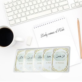 99 Names of Allah Flashcards with Quran Verses, Asma Ul Husna in Arabic and English, Islamic Book Learning and Memory Card Game, Eid & Ramadan Decorations, Muslim Prayer, Deen Supplies, White & Gold