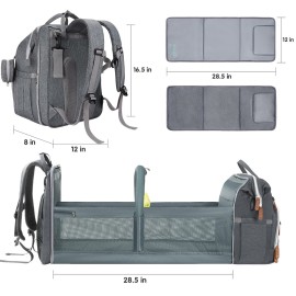 DERJUNSTAR Baby Diaper Bag Backpack with ChangingStation-Large Capacity Baby Bag for Boys & Girls, USBCharging Port, Pacifier Case, sunshade & Toy Bar,Waterproof Pale Grey