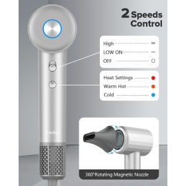 Fentgo High Speed Ionic Hair Dryer with Diffuser, Professonal Blow dryers 110,000 RPM Brushless Motor for Fast Drying, 1500W 4Temps /2Speeds, Thermo-Control Hairdryer for Women Home Travel (Grey)