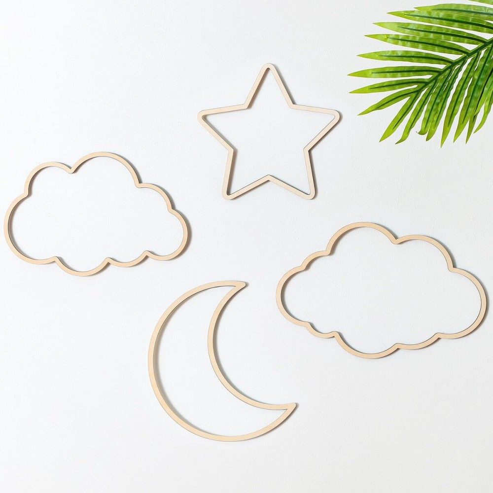 Kathfly4 Pieces Boho Nursery Cloud Star Wall Decor Wooden Babyroom Moon Rattan Wall Decor Wooden Rainbow for Children Baby Kids Boys Girls Bedroom Nursery Pendant(Cloud Moon Star)