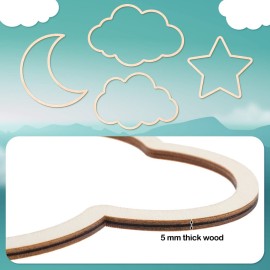 Kathfly4 Pieces Boho Nursery Cloud Star Wall Decor Wooden Babyroom Moon Rattan Wall Decor Wooden Rainbow for Children Baby Kids Boys Girls Bedroom Nursery Pendant(Cloud Moon Star)