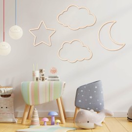 Kathfly4 Pieces Boho Nursery Cloud Star Wall Decor Wooden Babyroom Moon Rattan Wall Decor Wooden Rainbow for Children Baby Kids Boys Girls Bedroom Nursery Pendant(Cloud Moon Star)