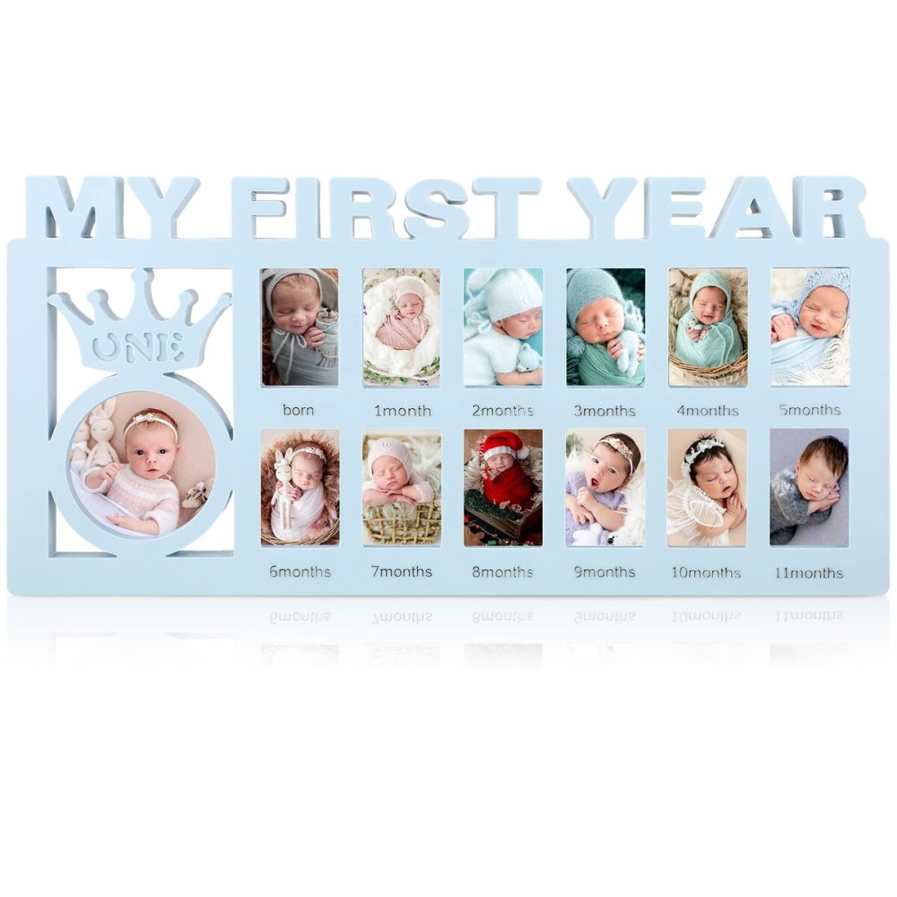 Unittype My First Year Baby Picture Frame Newborn Baby\'s First Twelve Months Photo Collage,12 Month Milestone Keepsake Frame for Photo Memories Baby 1st Birthday Mothers Day Gift(Blue)